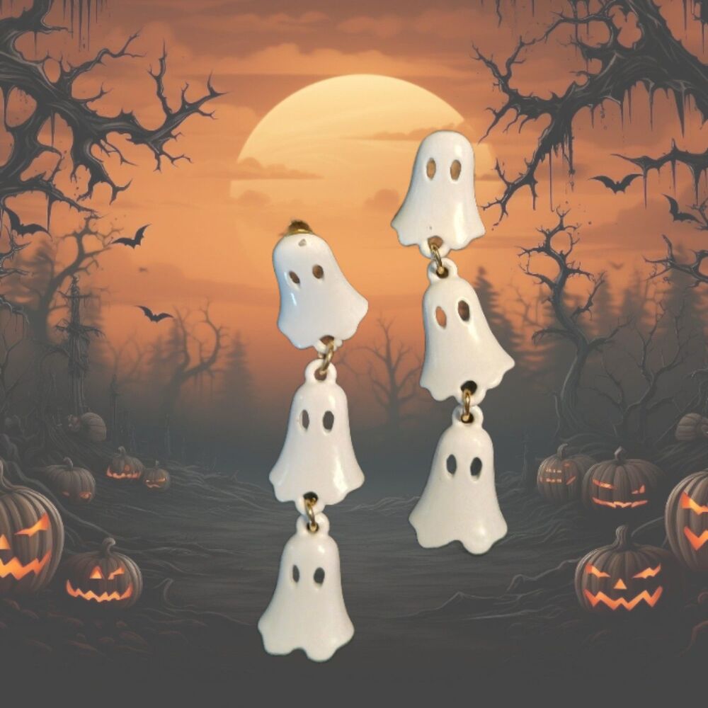 3 Spooky White GHOST Dangle earrings Halloween FUN!